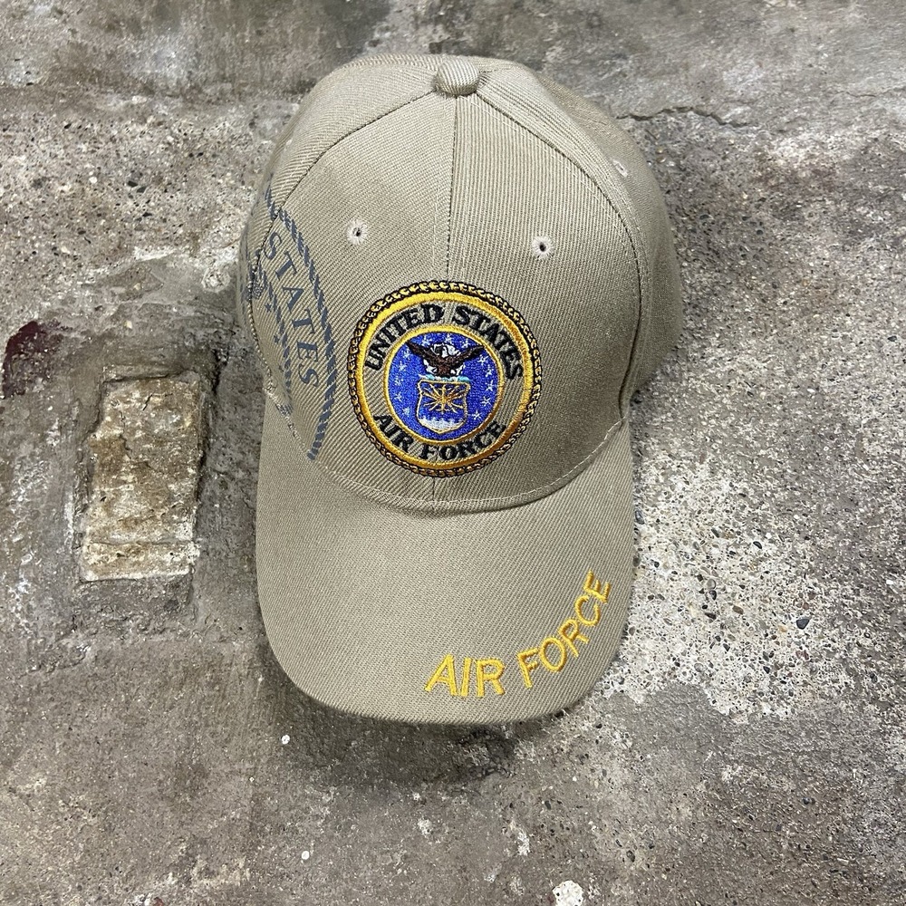 Vintage US Air Force Cap Strap Back Adjustable Tan Military Crest Graphic